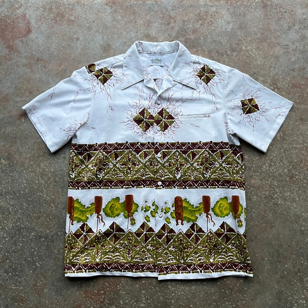 Vintage Malihini Hawaii Tiki Border Print Shirt Mens White Brown Green 70s L
